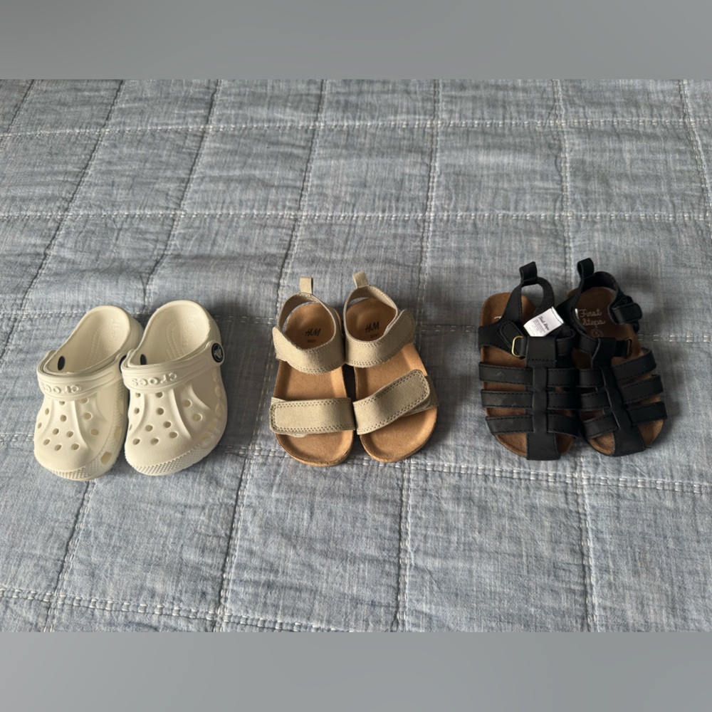 Baby boy set of 3 pair of shoes  Sandals Clogs  Cream, Tan, and Black crocs H&M